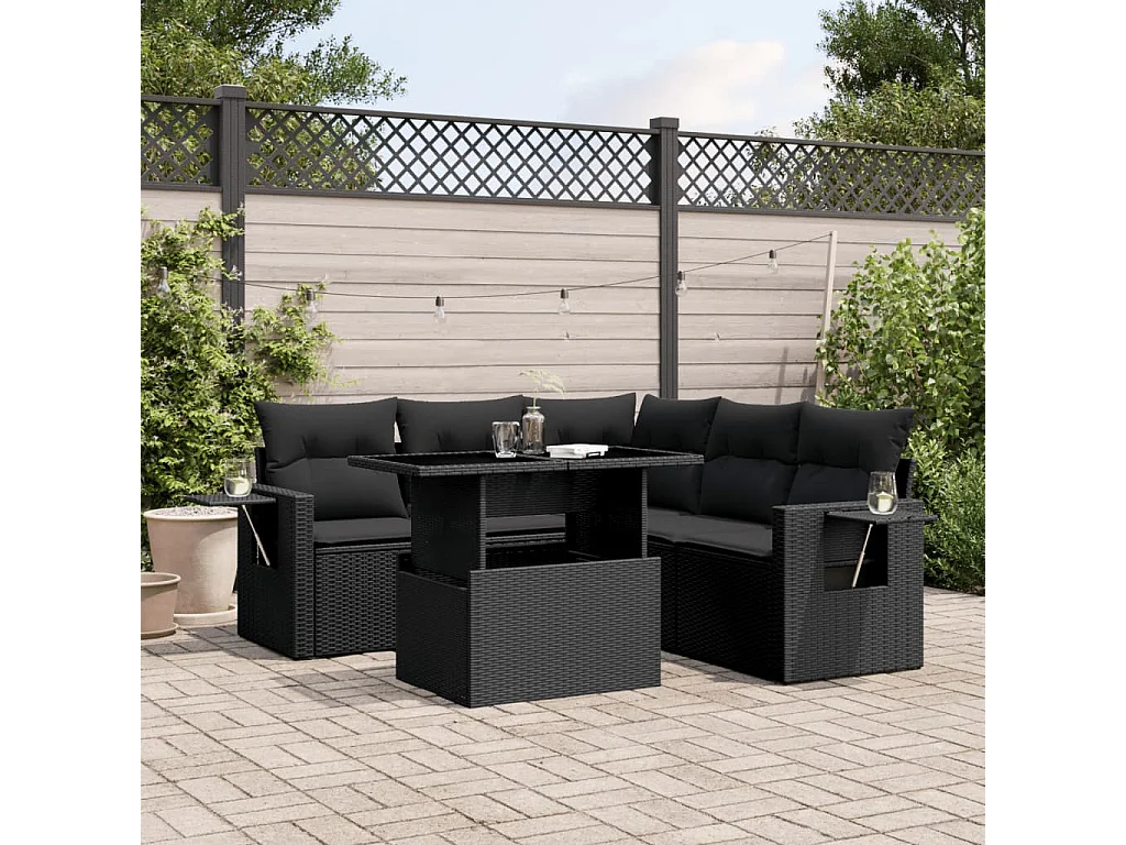 Salon de jardin 6 pièces avec coussins noir résine tressée
