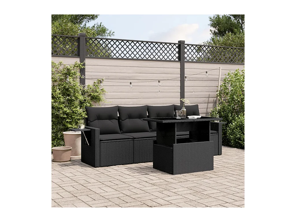 5-delige Loungeset met kussens poly rattan zwart