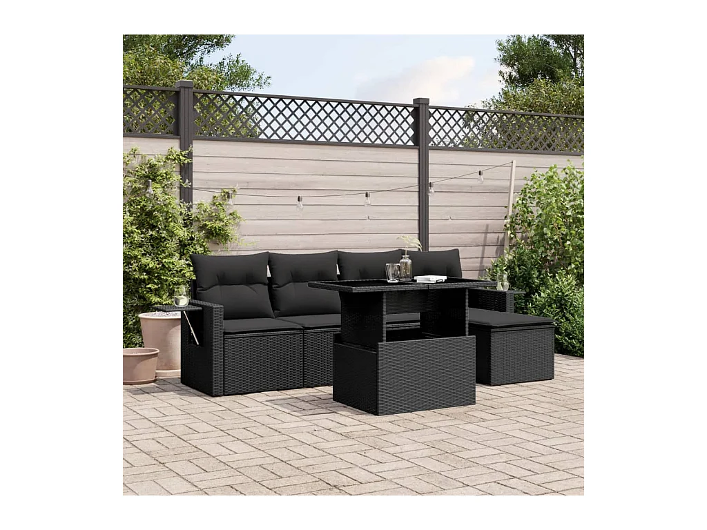 Salon de jardin 6 pièces avec coussins noir résine tressée