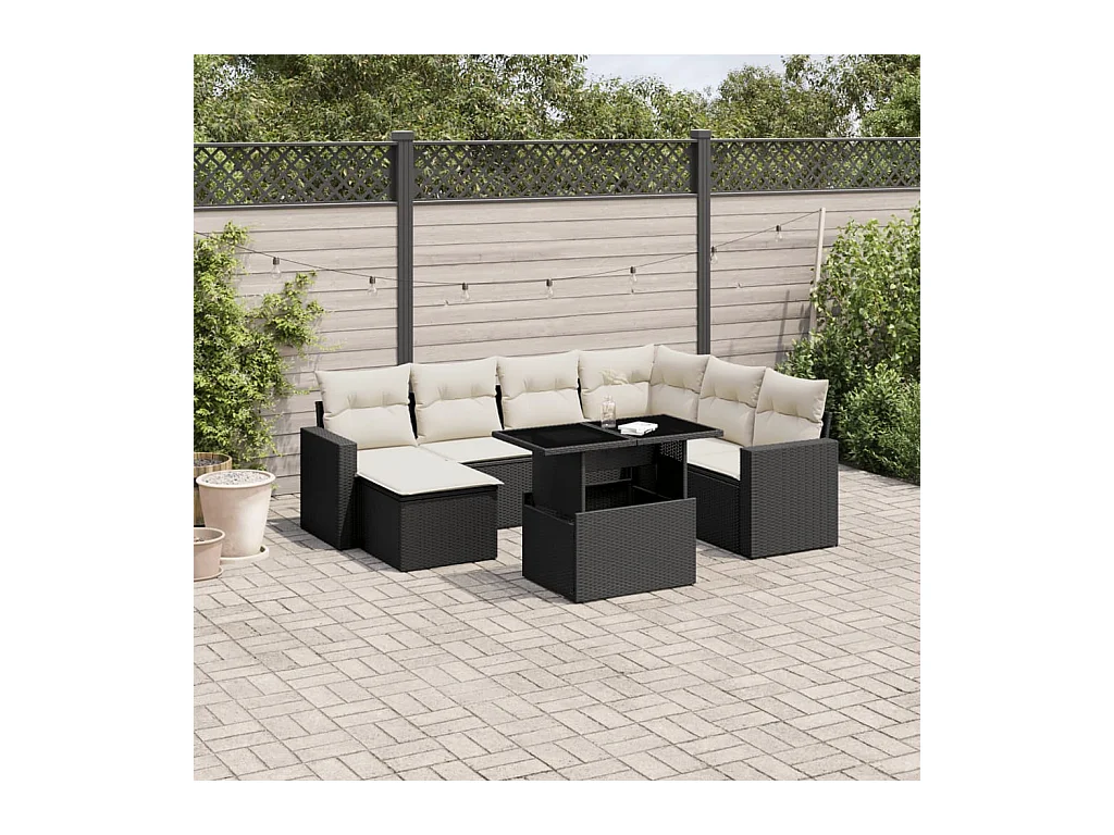 Salon de jardin 8 pièces avec coussins noir résine tressée