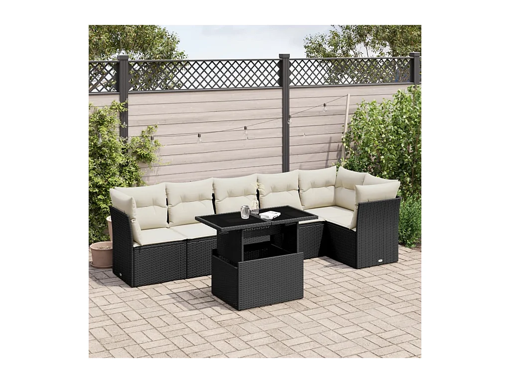 Salon de jardin 7 pièces avec coussins noir résine tressée