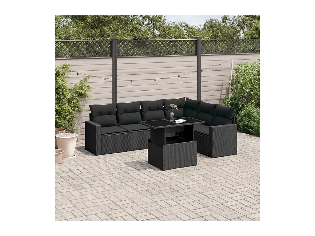 Salon de jardin 7 pièces avec coussins noir résine tressée