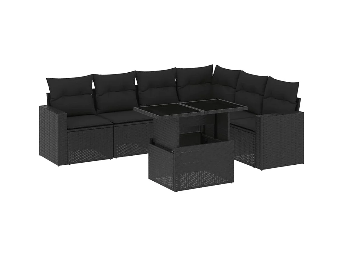 Set de sofás de jardín 7 piezas con cojines ratán sintético negro
