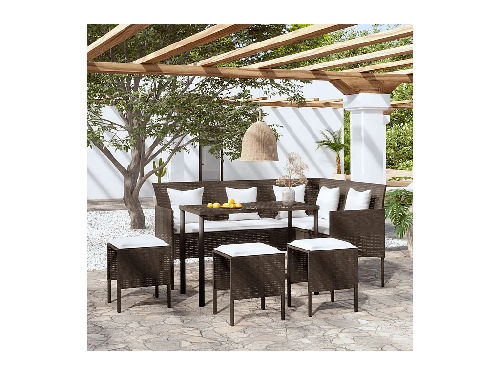 5 peças conjunto sofás formato L c/ almofadões vime PE castanho