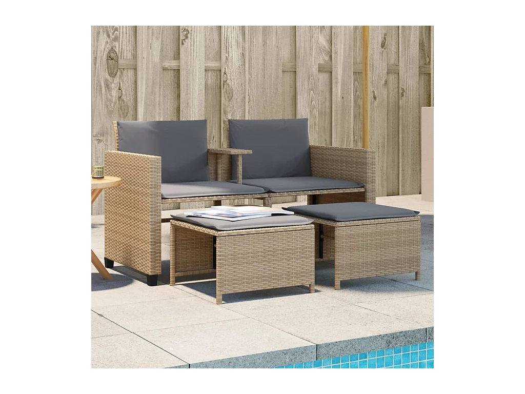 Canapé de jardin 2 places avec table et tabourets beige rotin