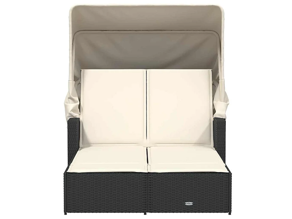 Lettino Prendisole Doppio Baldacchino e Cuscini Nero Polyrattan