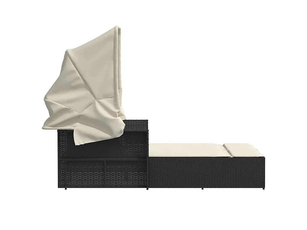 Lettino Prendisole Doppio Baldacchino e Cuscini Nero Polyrattan