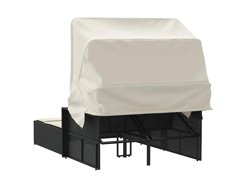 Lettino Prendisole Doppio Baldacchino e Cuscini Nero Polyrattan