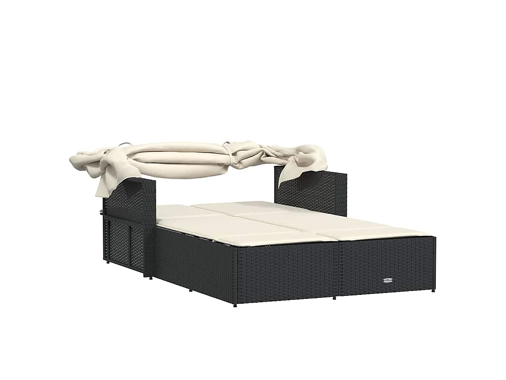 Lettino Prendisole Doppio Baldacchino e Cuscini Nero Polyrattan