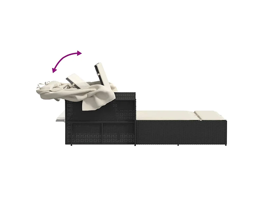 Lettino Prendisole Doppio Baldacchino e Cuscini Nero Polyrattan