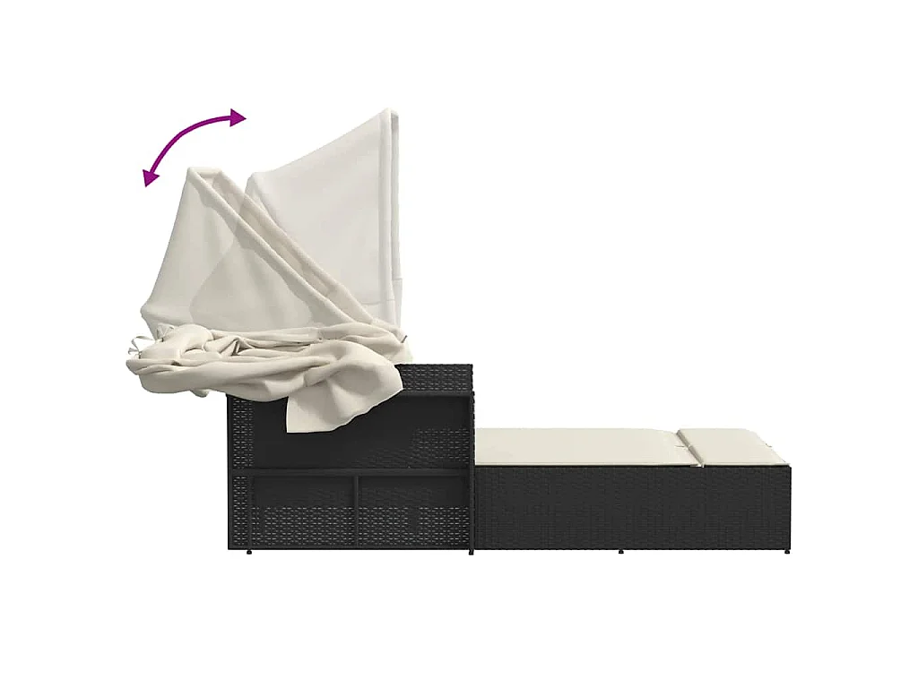 Lettino Prendisole Doppio Baldacchino e Cuscini Nero Polyrattan