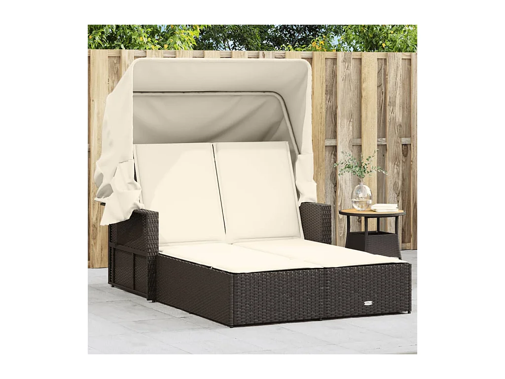 Chaise longue double avec auvent et coussins marron poly rotin