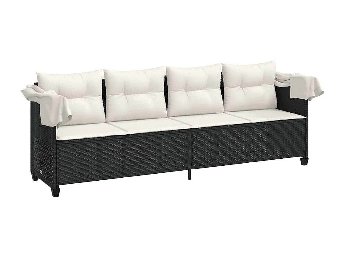 Chaise longue avec auvent et coussins noir résine tressée