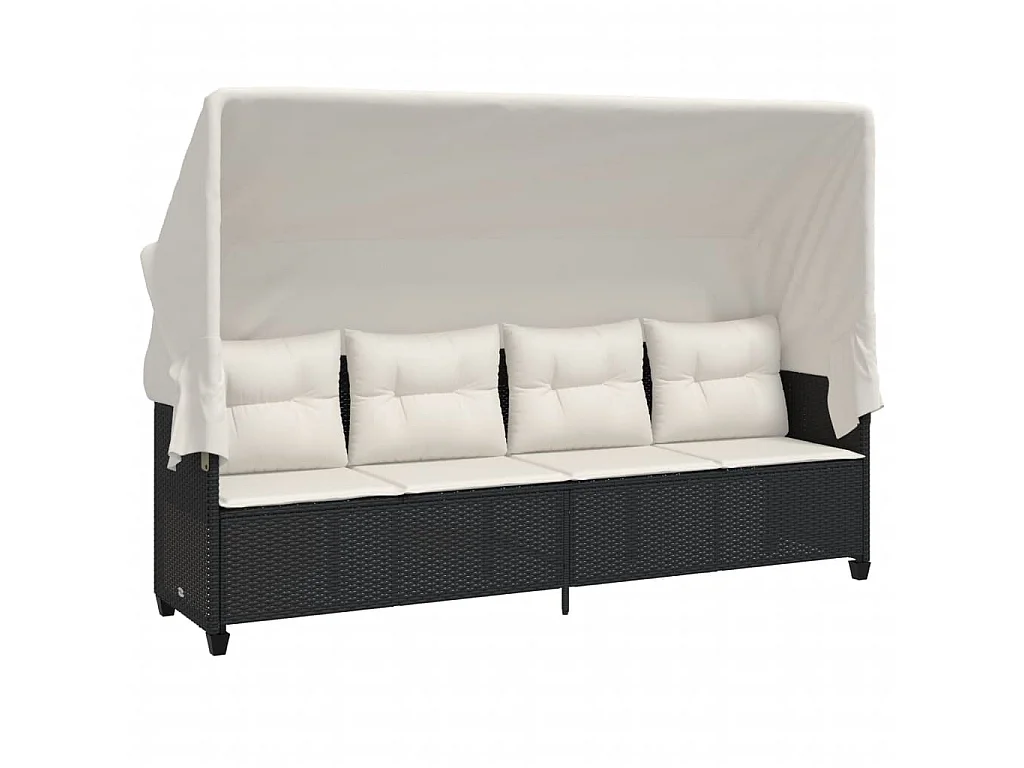Ligbed met luifel en kussens poly rattan zwart
