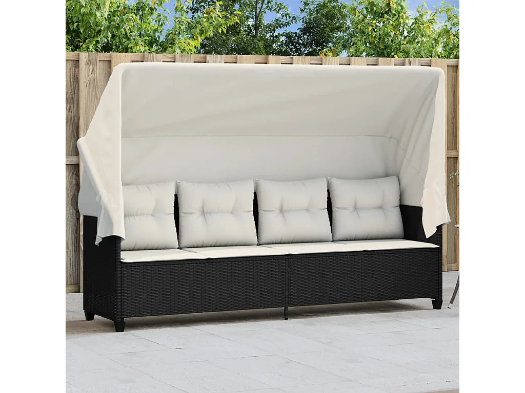 Ligbed met luifel en kussens poly rattan zwart