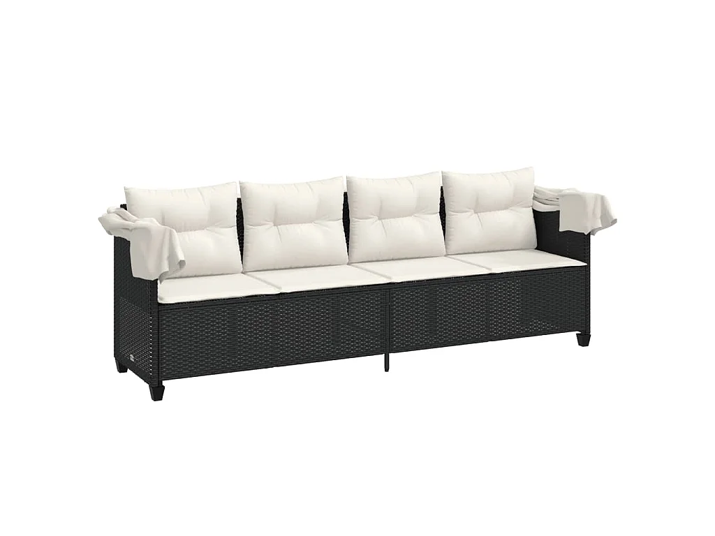 Ligbed met luifel en kussens poly rattan zwart