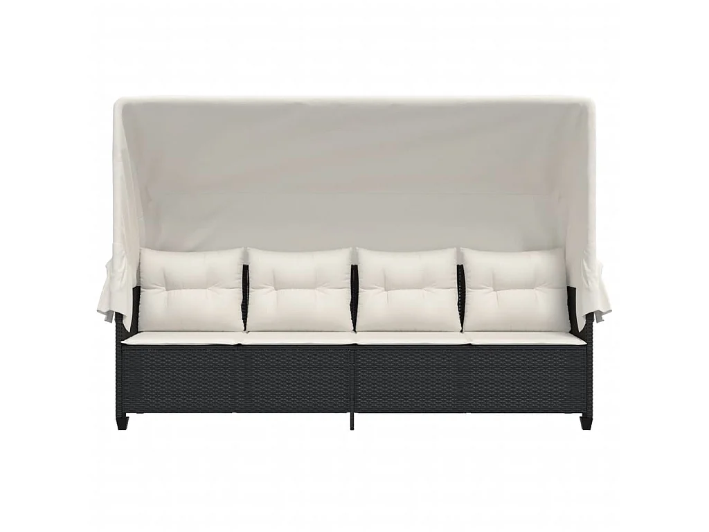 Ligbed met luifel en kussens poly rattan zwart