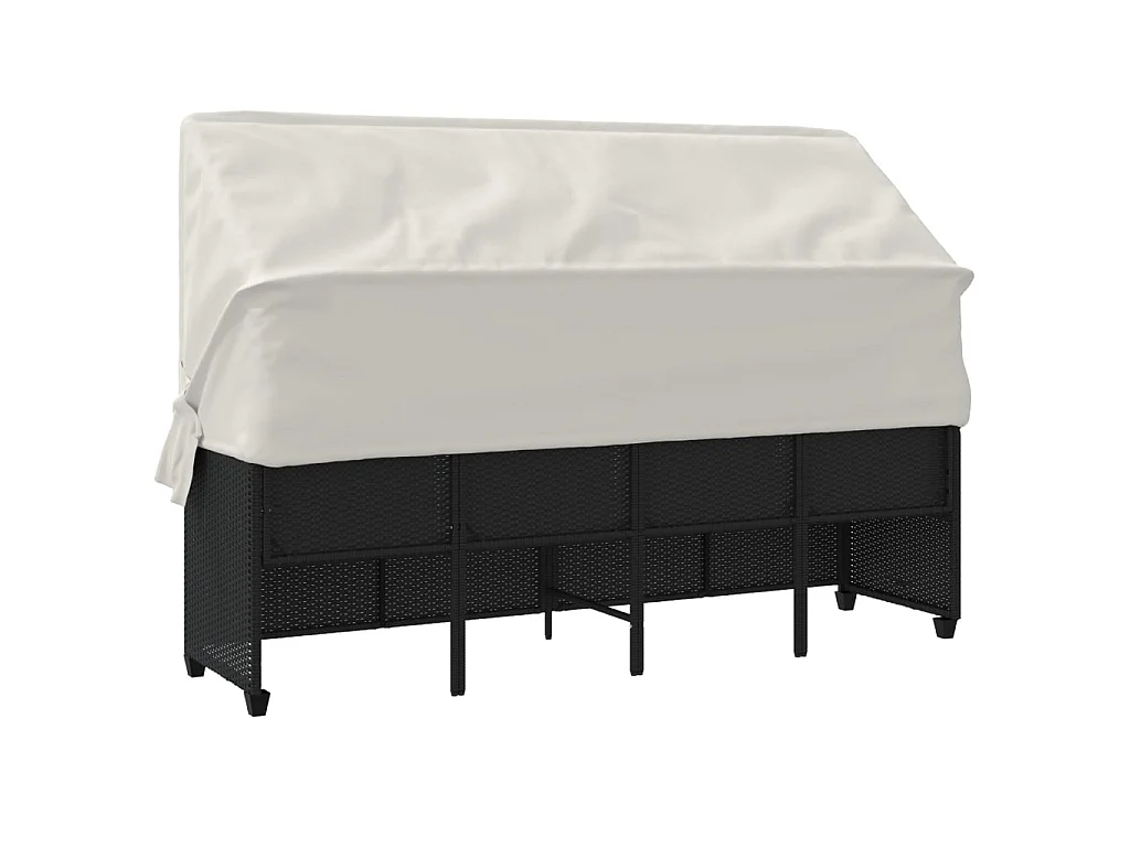 Ligbed met luifel en kussens poly rattan zwart