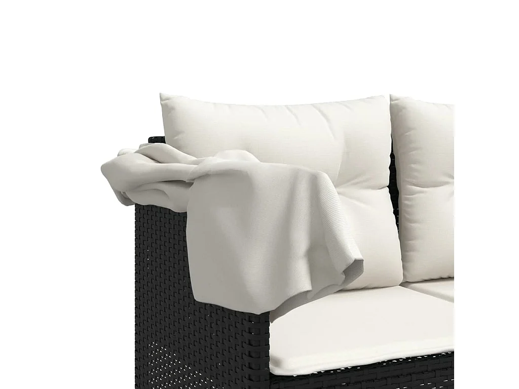 Ligbed met luifel en kussens poly rattan zwart