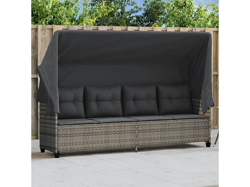 Chaise longue avec auvent et coussins gris résine tressée