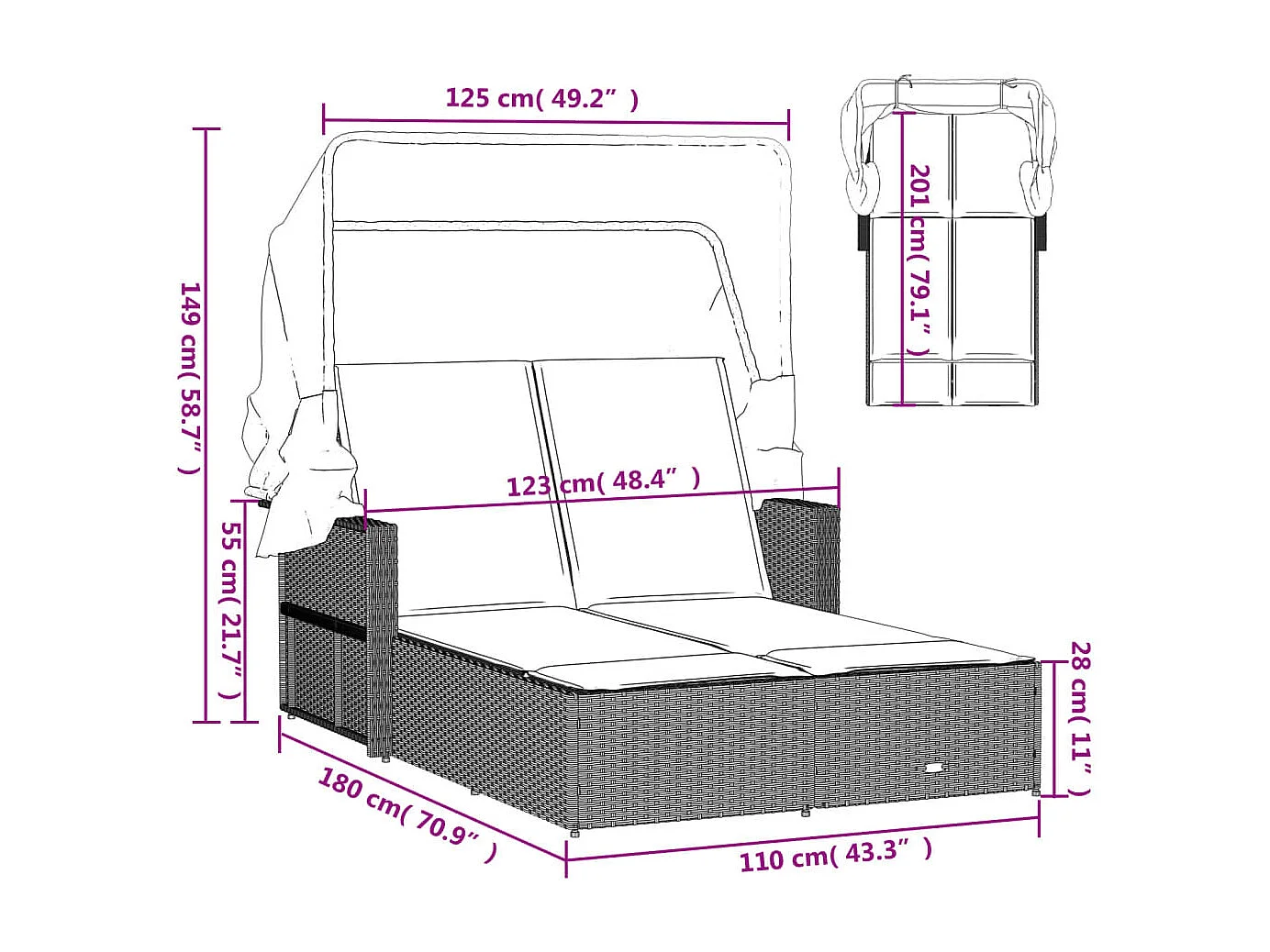 Lettino Doppio Baldacchino e Cuscini Grigio Chiaro Polyrattan