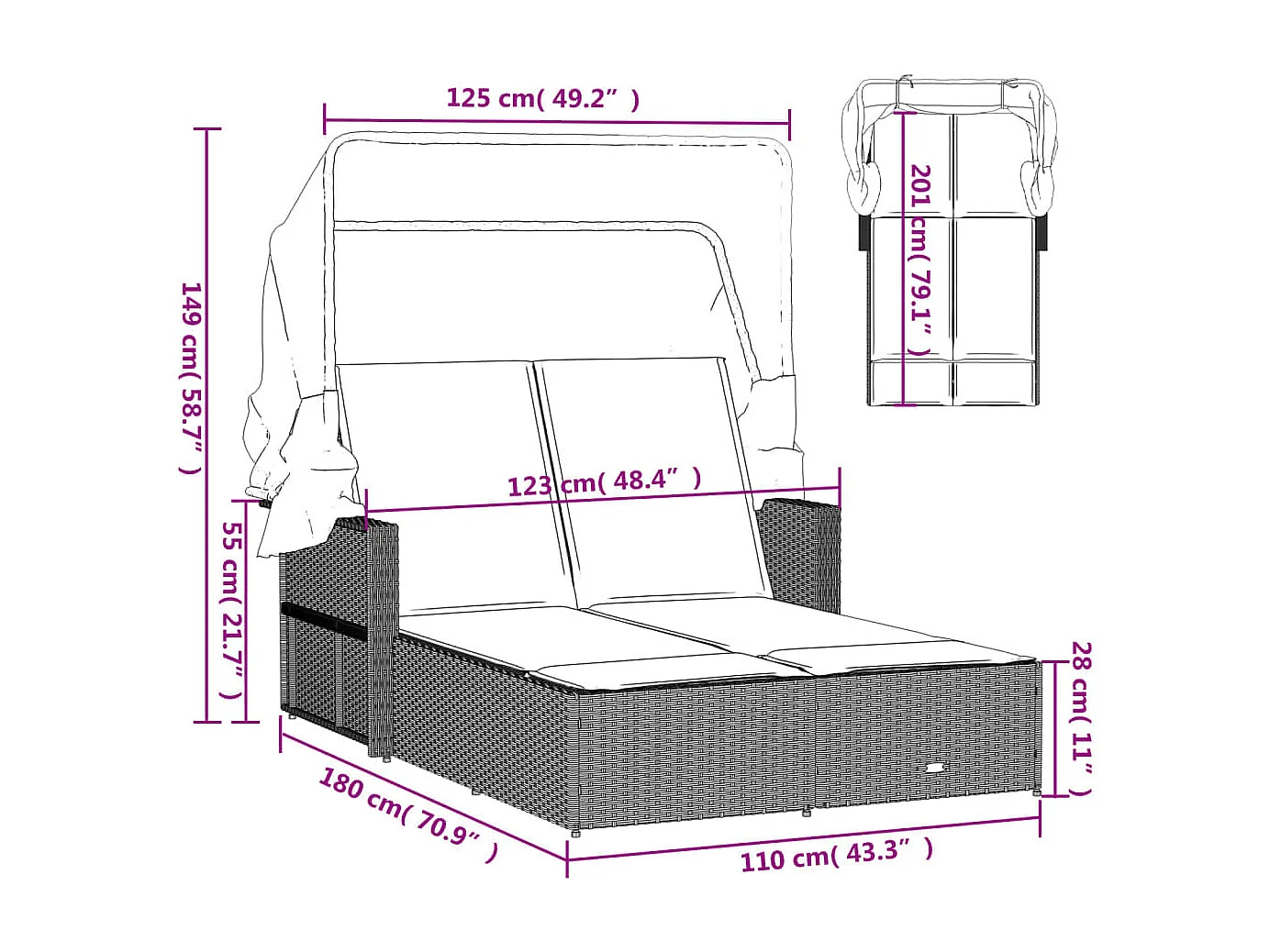 Doppel-Sonnenliege mit Dach und Auflagen Beige Poly Rattan