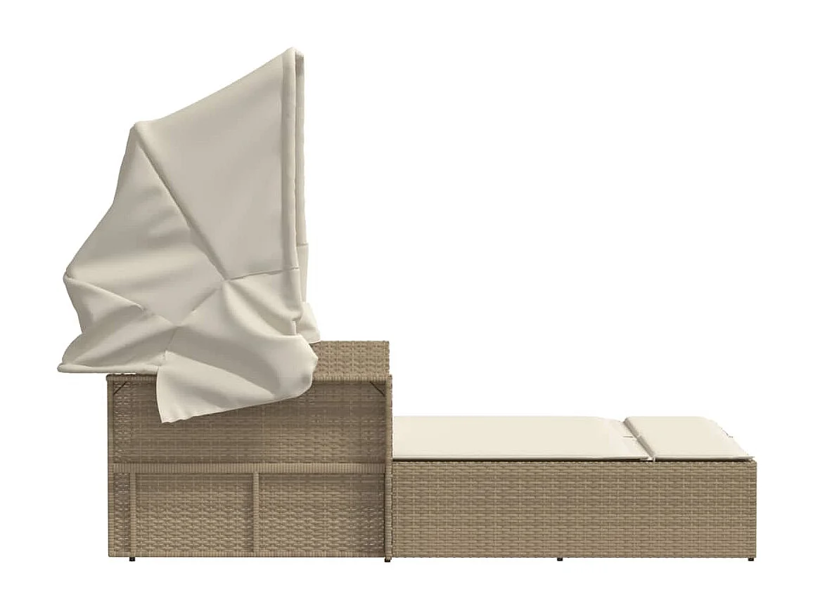 Doppel-Sonnenliege mit Dach und Auflagen Beige Poly Rattan
