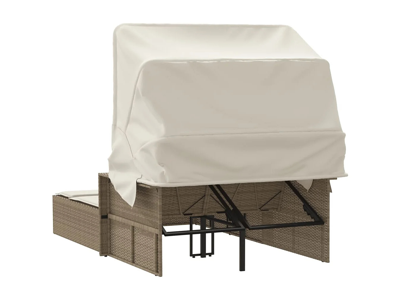 Doppel-Sonnenliege mit Dach und Auflagen Beige Poly Rattan