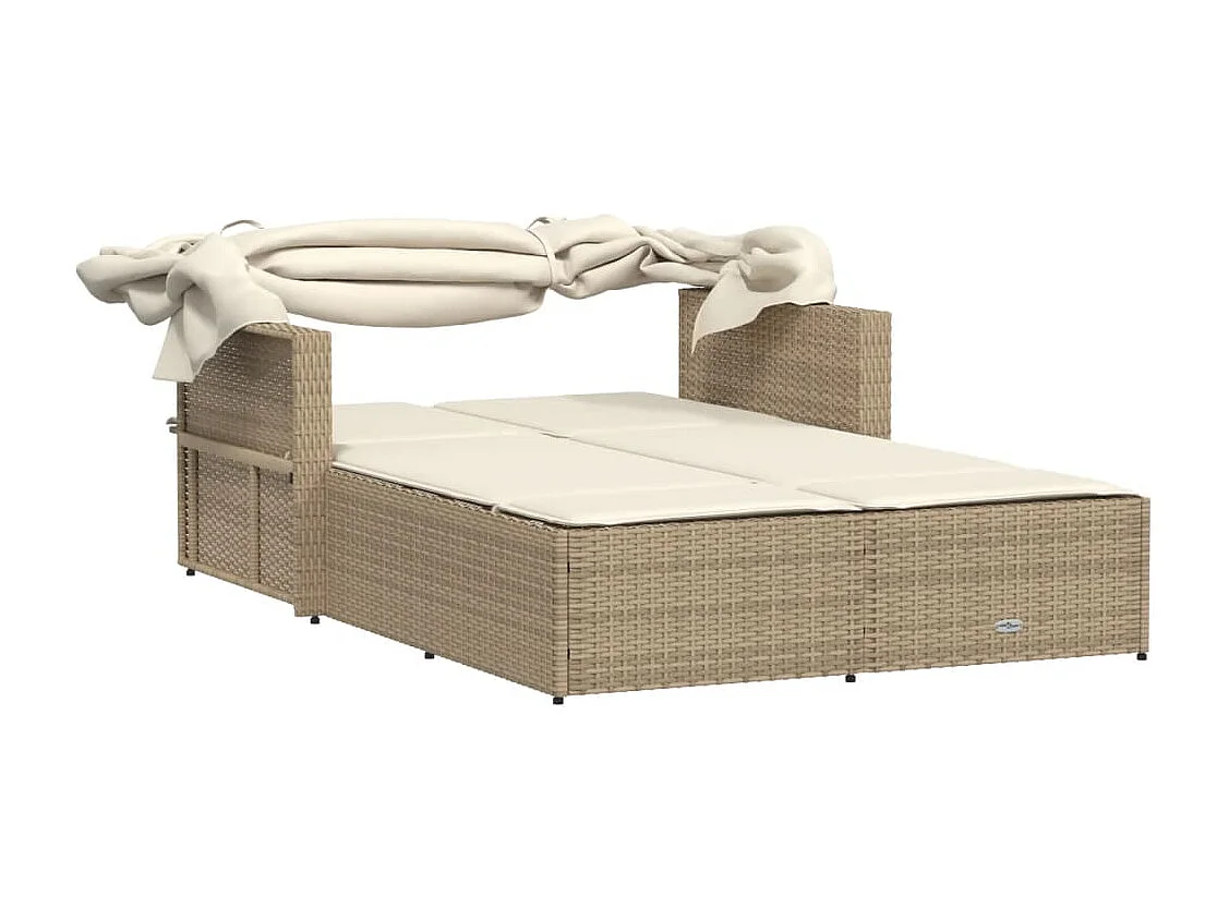 Doppel-Sonnenliege mit Dach und Auflagen Beige Poly Rattan