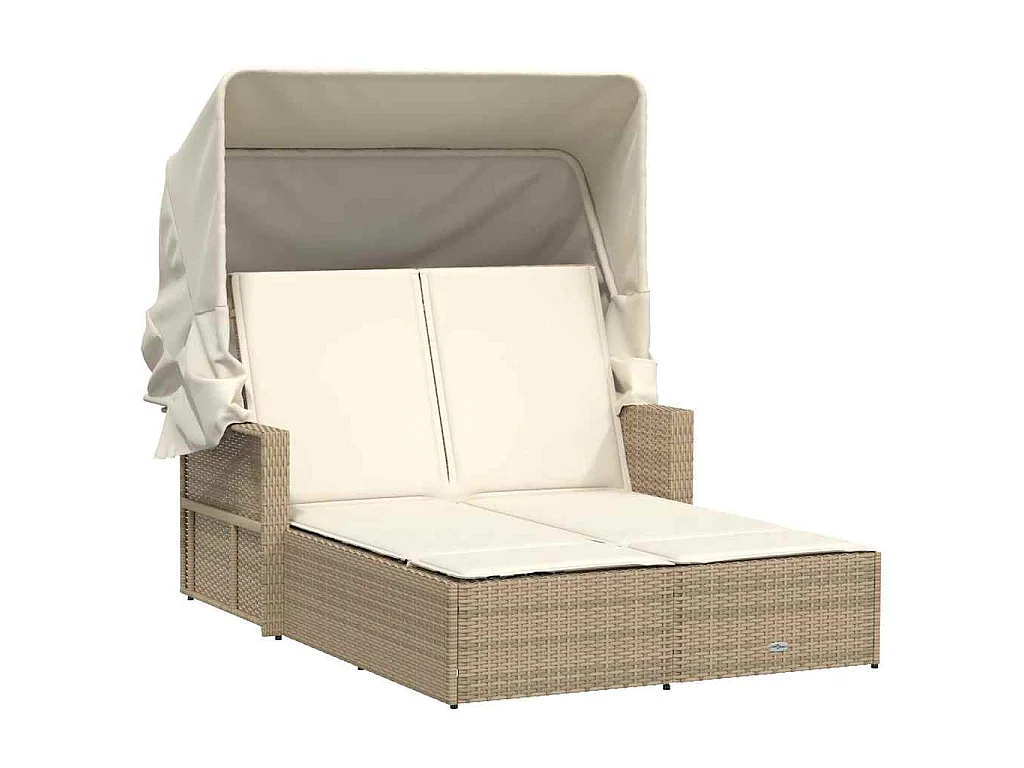 Lettino Doppio con Baldacchino e Cuscini Beige in Polyrattan