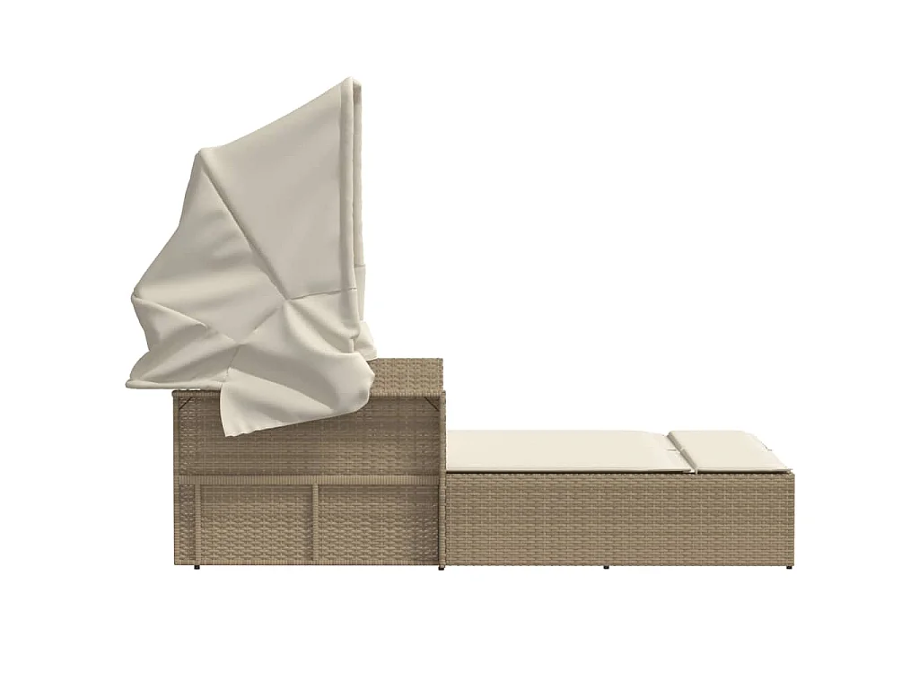 Lettino Doppio con Baldacchino e Cuscini Beige in Polyrattan