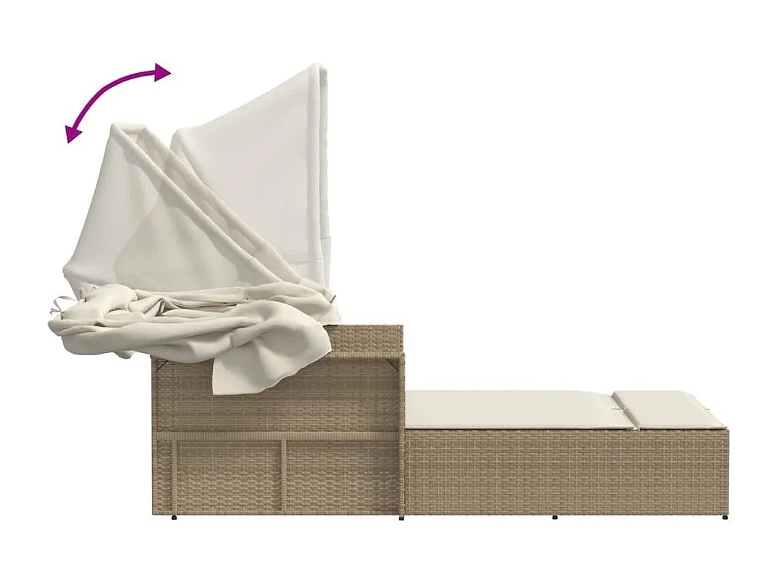 Lettino Doppio con Baldacchino e Cuscini Beige in Polyrattan