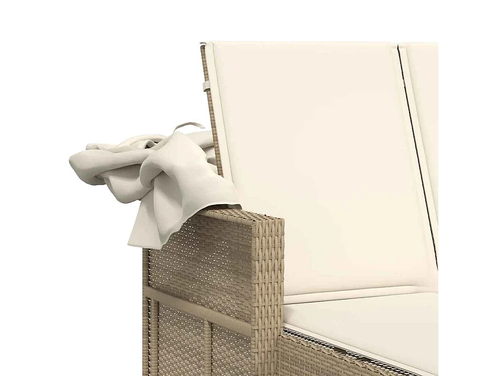 Chaise longue double avec auvent et coussins beige poly rotin