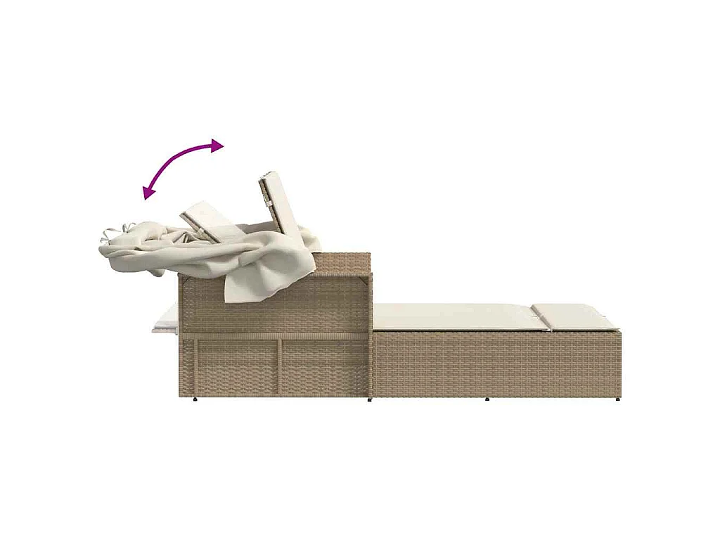 Chaise longue double avec auvent et coussins beige poly rotin