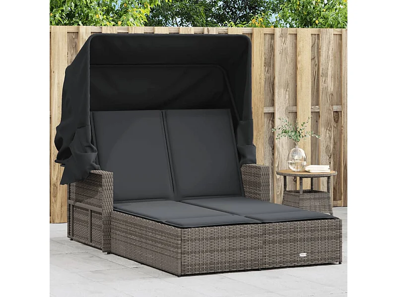 Lettino Doppio con Baldacchino e Cuscini Grigio in Polyrattan