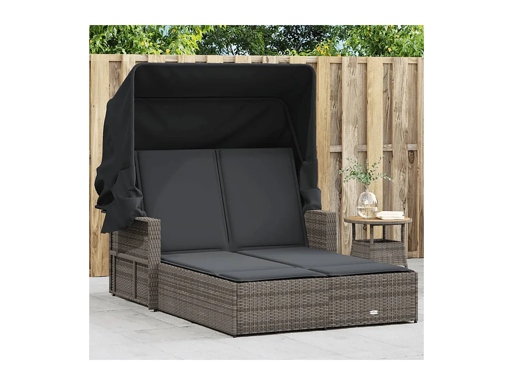 Doppel-Sonnenliege mit Dach und Auflagen Grau Poly Rattan