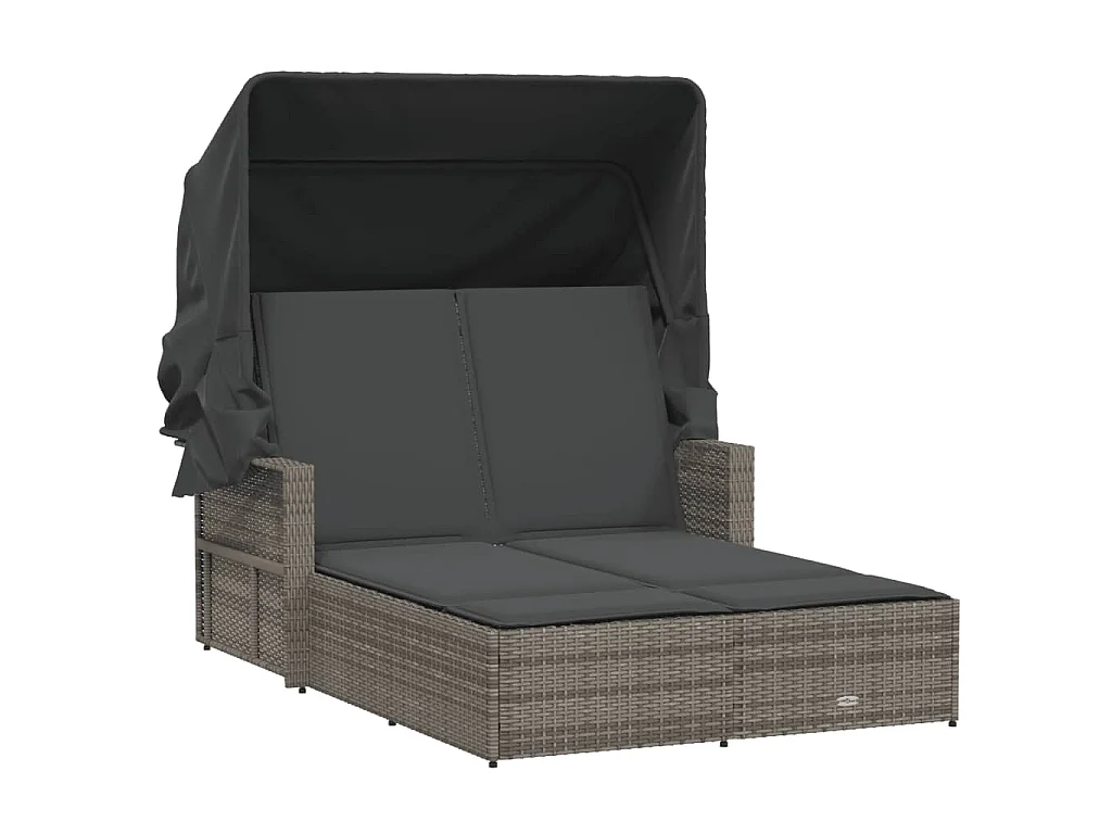 Lettino Doppio con Baldacchino e Cuscini Grigio in Polyrattan