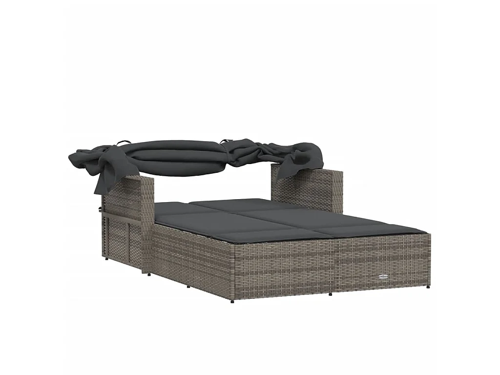 Lettino Doppio con Baldacchino e Cuscini Grigio in Polyrattan