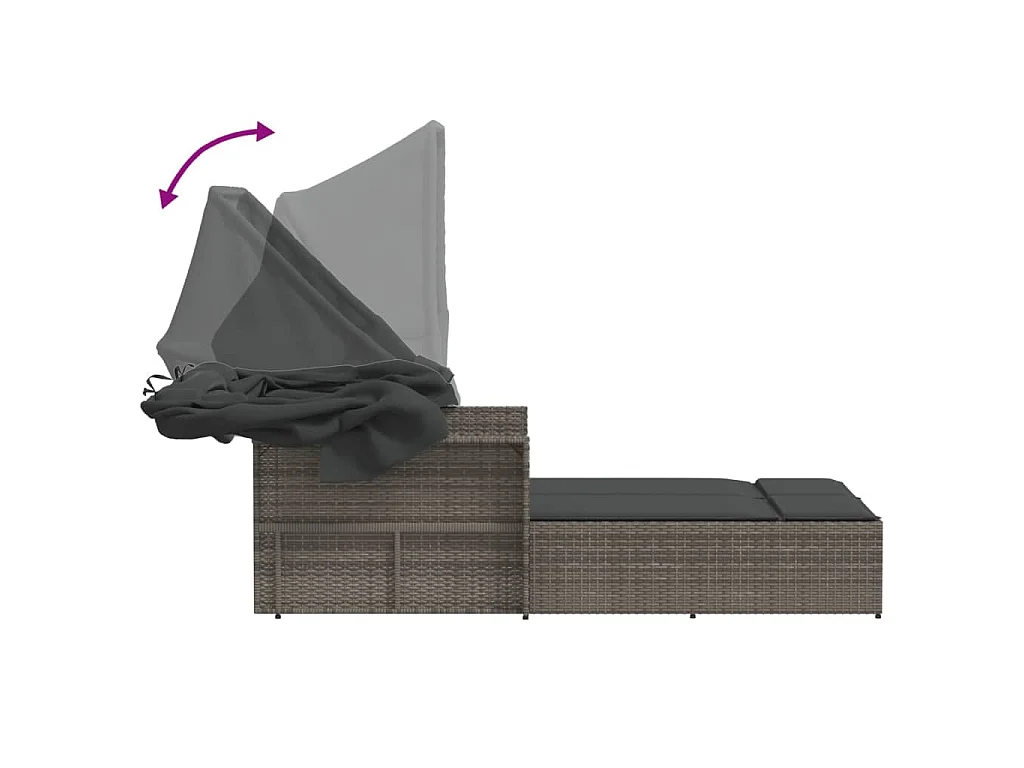 Lettino Doppio con Baldacchino e Cuscini Grigio in Polyrattan