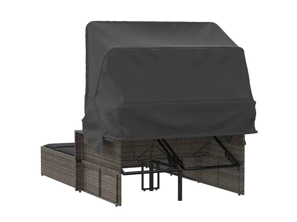 Chaise longue double et auvent et coussins gris résine tressée