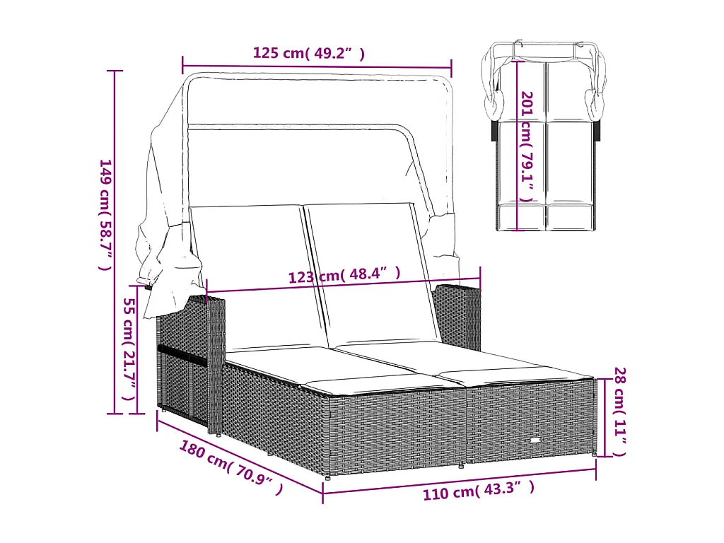 Chaise longue double et auvent et coussins mélange beige rotin