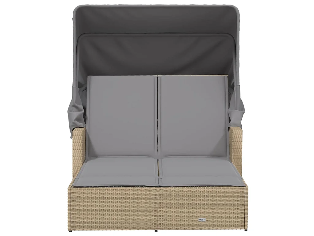 Chaise longue double et auvent et coussins mélange beige rotin