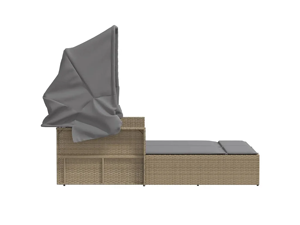 Chaise longue double et auvent et coussins mélange beige rotin