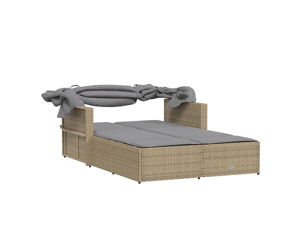 Chaise longue double et auvent et coussins mélange beige rotin