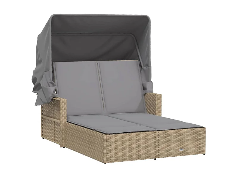 Chaise longue double et auvent et coussins mélange beige rotin