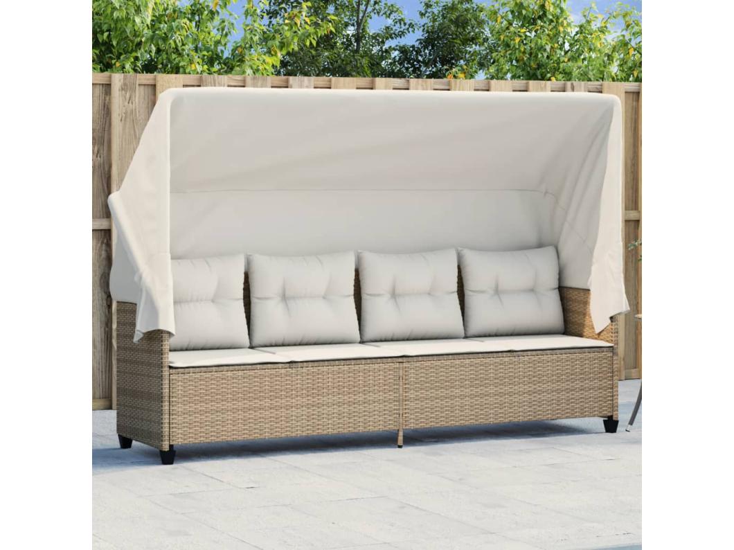 Lettino Prendisole con Baldacchino e Cuscini Beige Polyrattan