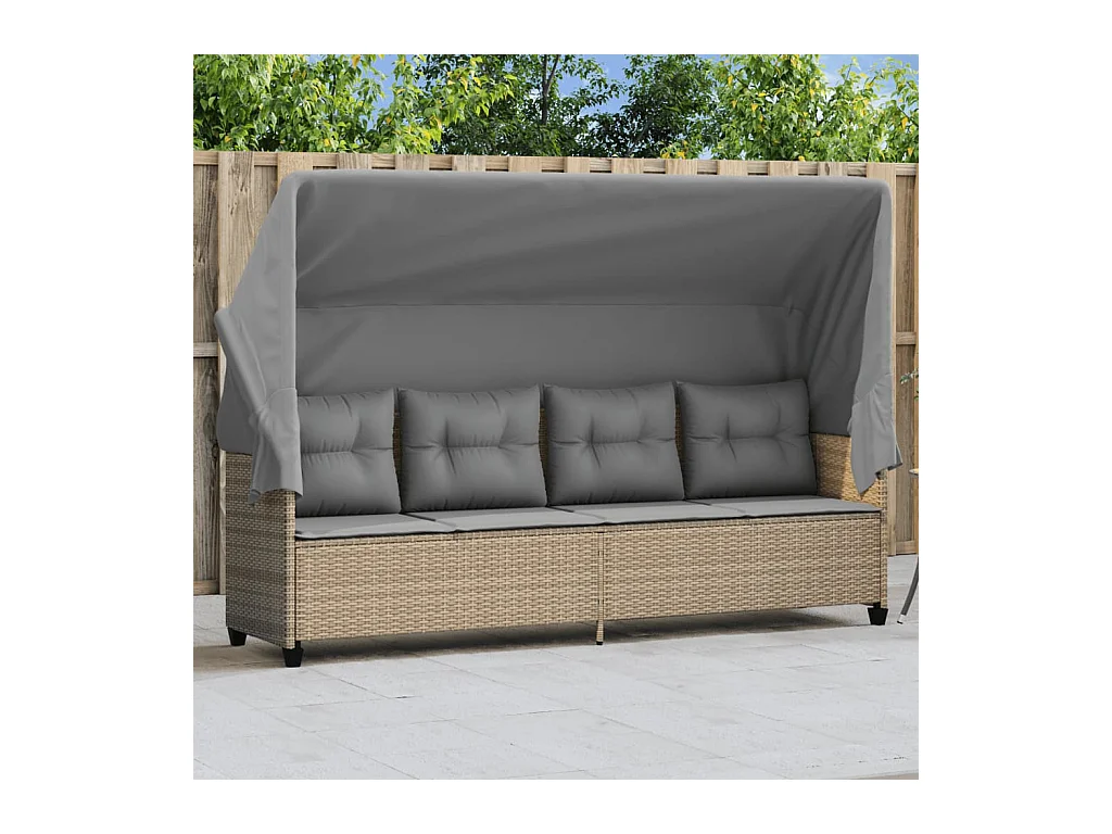 Chaise longue avec auvent et coussins beige résine tressée