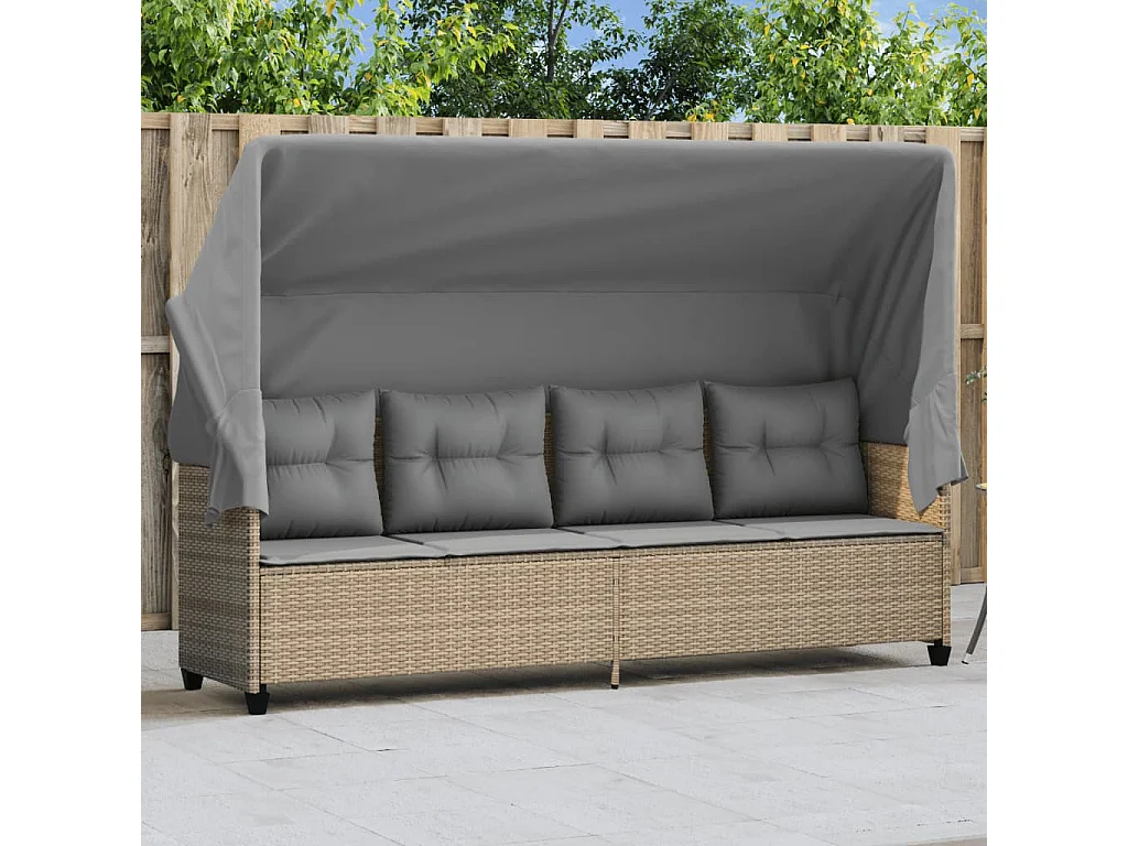 Chaise longue avec auvent et coussins beige résine tressée