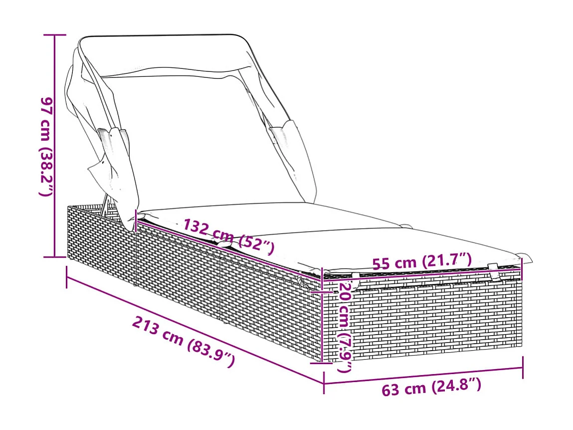 Transat avec toit pliable noir 213x63x97 cm résine tressée