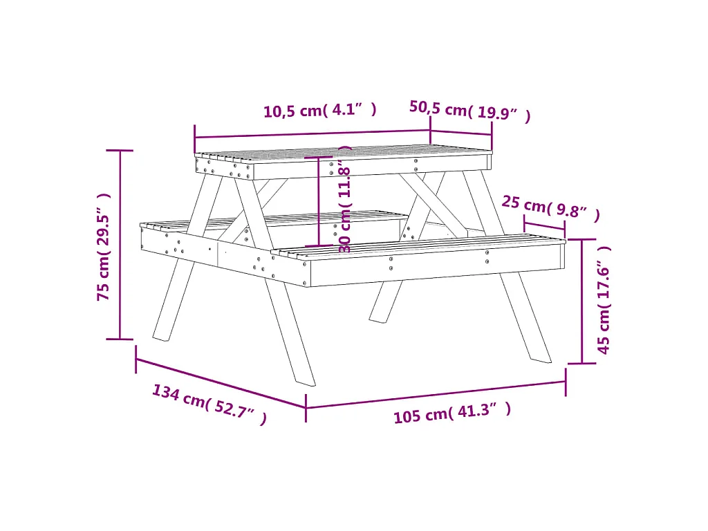Tavolo da Picnic Bianco 105x134x75 cm in Legno Massello di Pino
